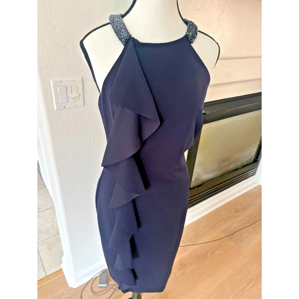 Lauren Ralph Lauren Navy Blue Beaded Halter Ruffle Sheath Dress Size 6